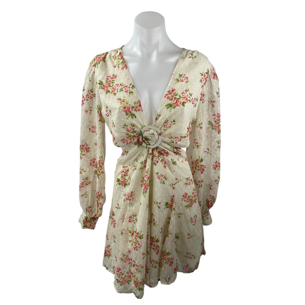 ASOS Design Womens Cream Floral Print V-Neck Long Sleeve Mini A-Line Dress Sz 6